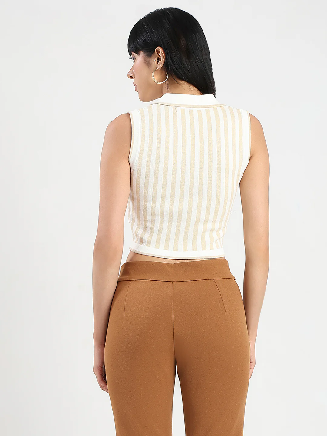 Madame Striped Wing Neck Beige Knitted Crop Top - Image 6