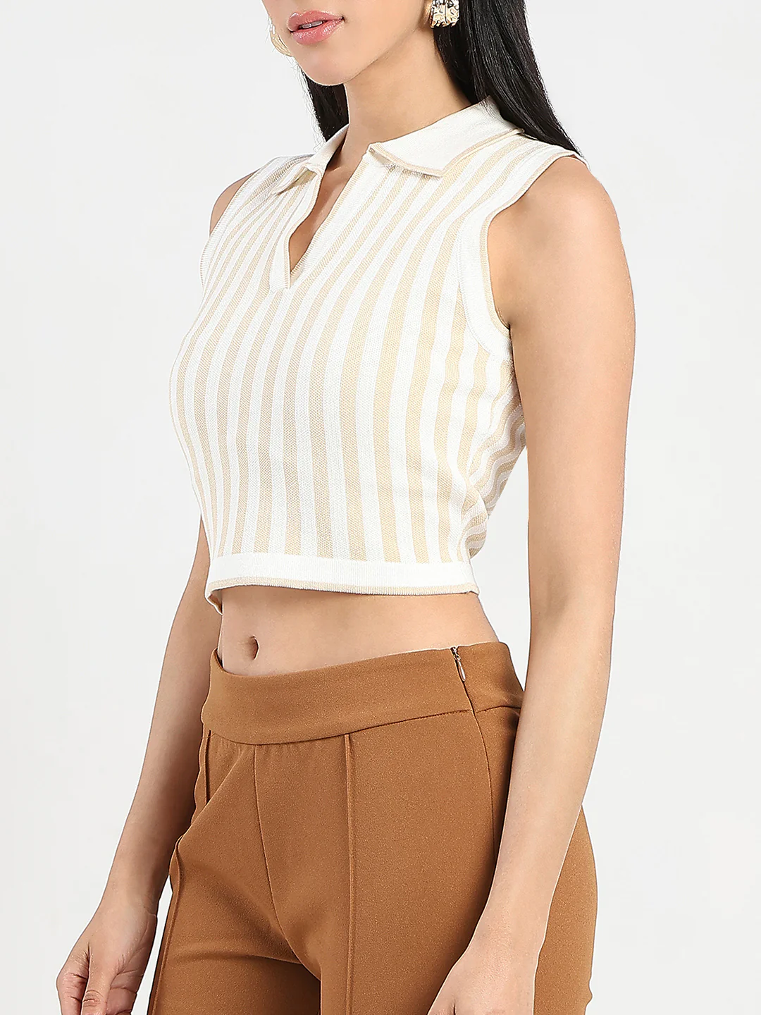 Madame Striped Wing Neck Beige Knitted Crop Top - Image 7