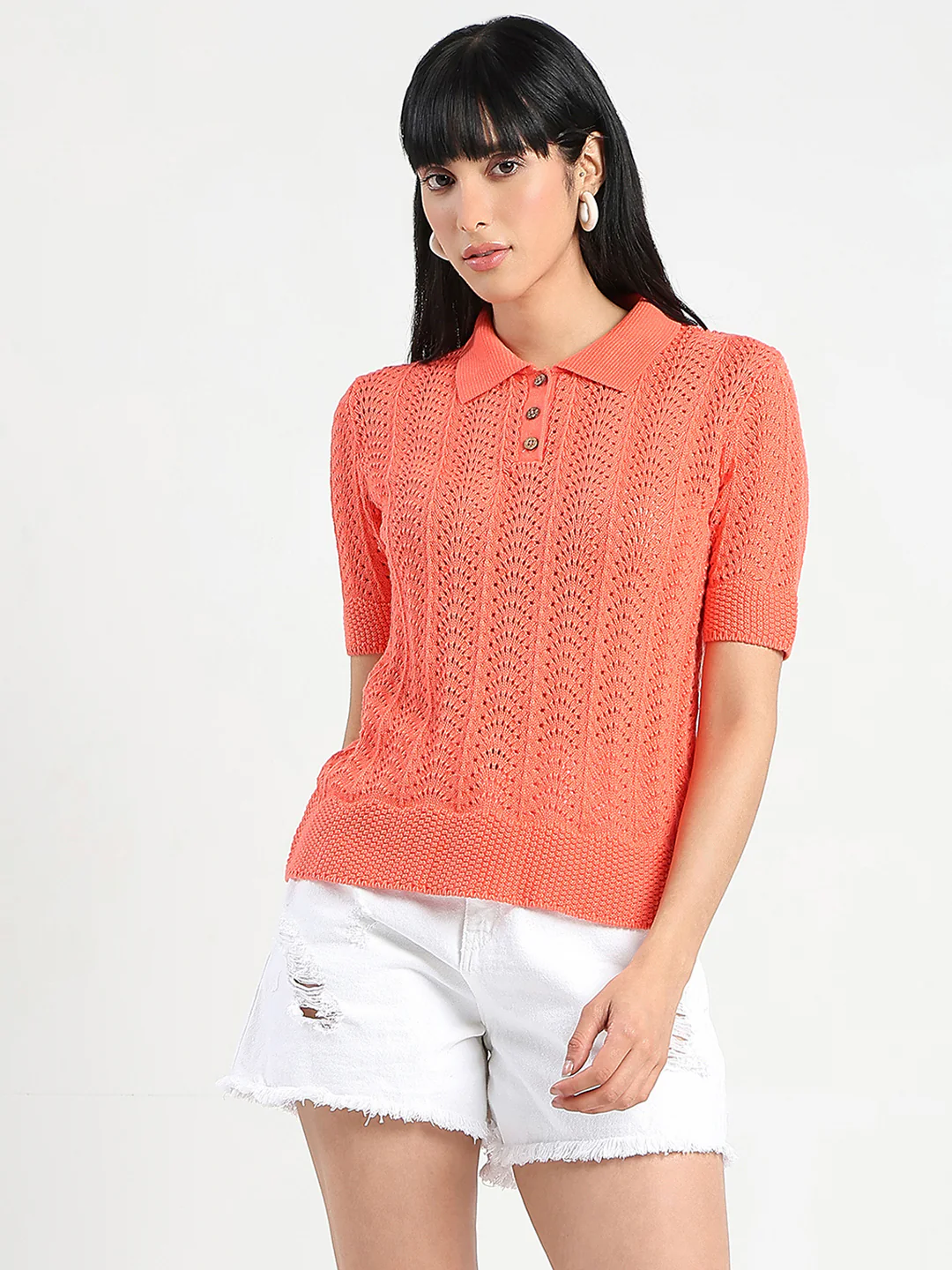 Madame Openwork Detail Textured Coral Orange Cotton Knitted Top - Image 3