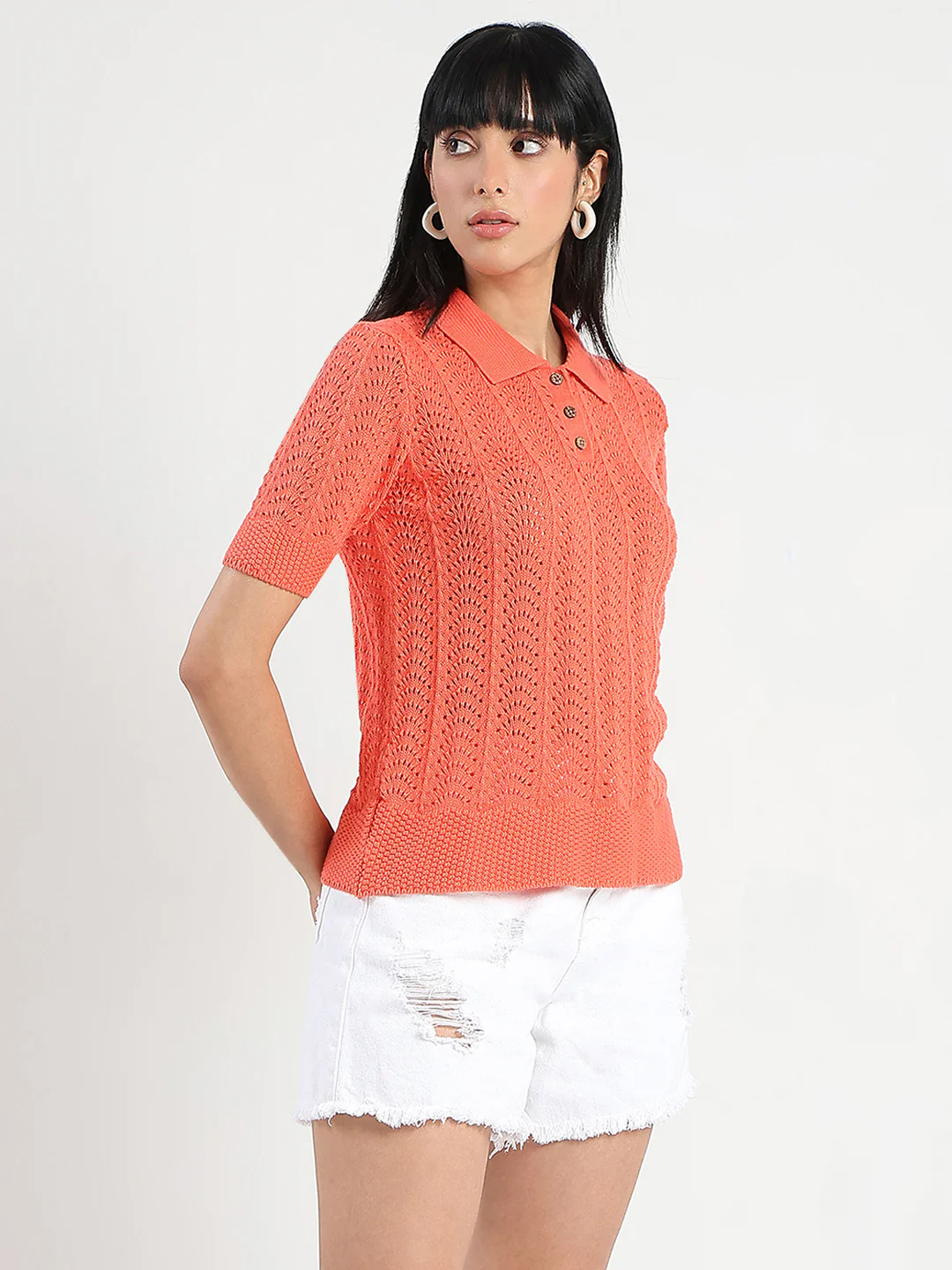 Madame Openwork Detail Textured Coral Orange Cotton Knitted Top - Image 4