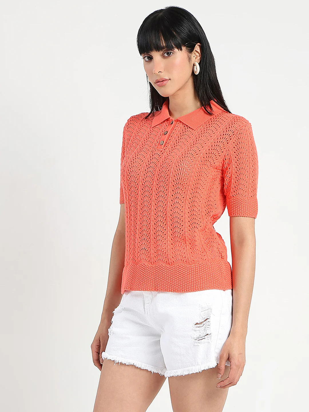 Madame Openwork Detail Textured Coral Orange Cotton Knitted Top - Image 5