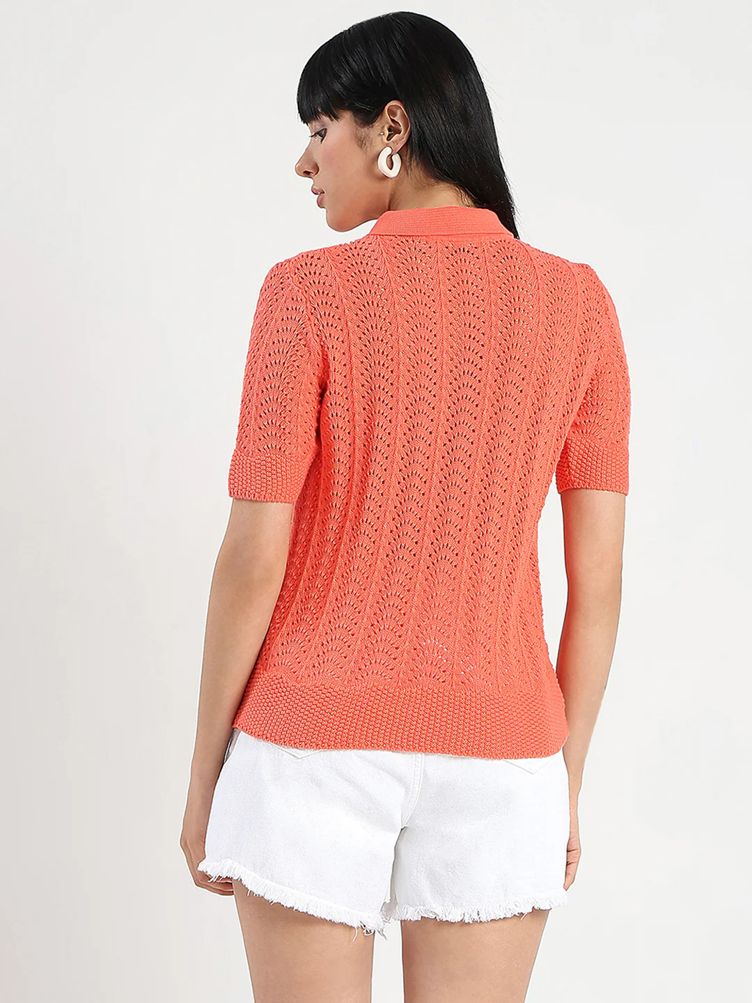 Madame Openwork Detail Textured Coral Orange Cotton Knitted Top - Image 6