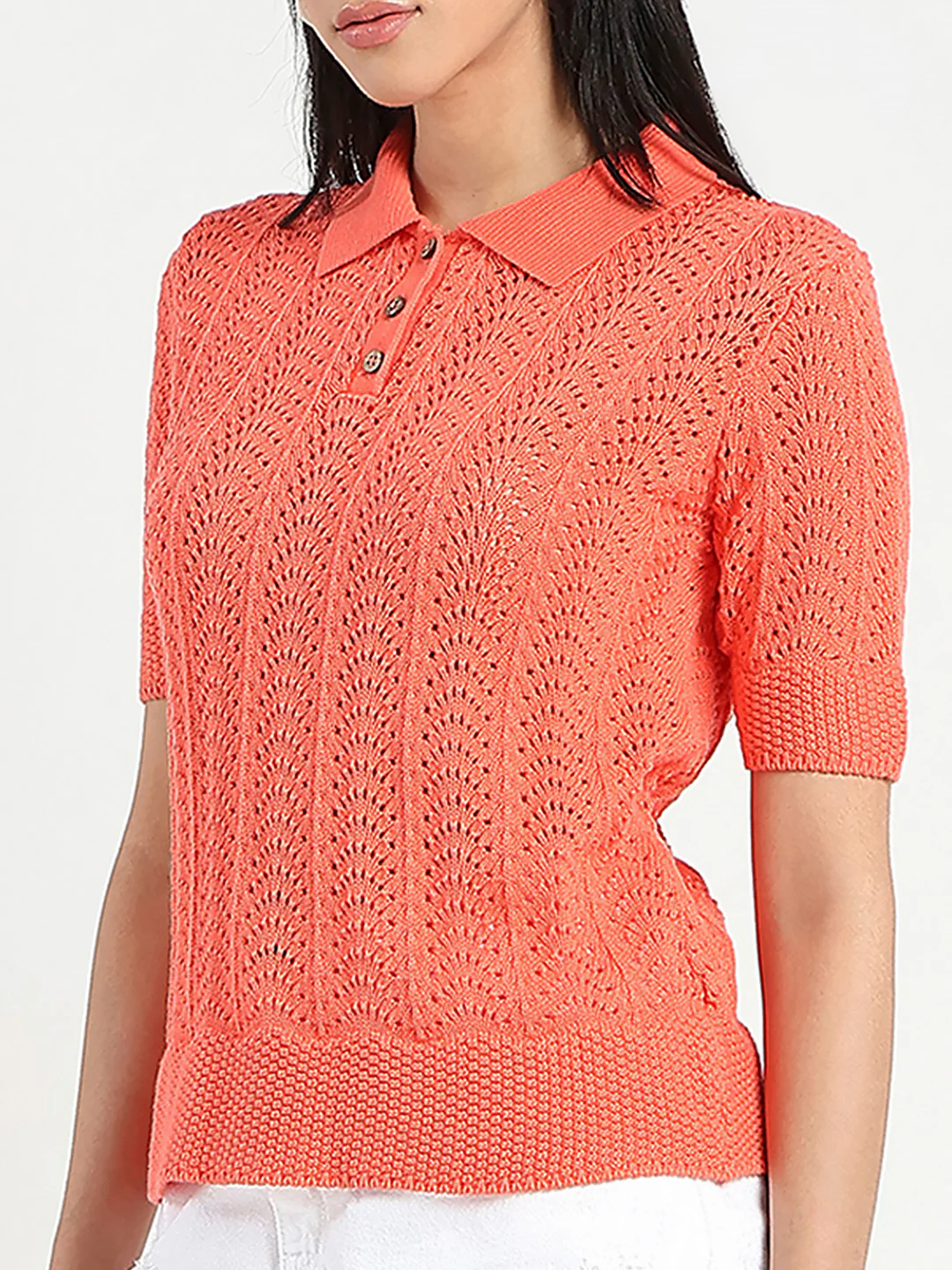 Madame Openwork Detail Textured Coral Orange Cotton Knitted Top - Image 7