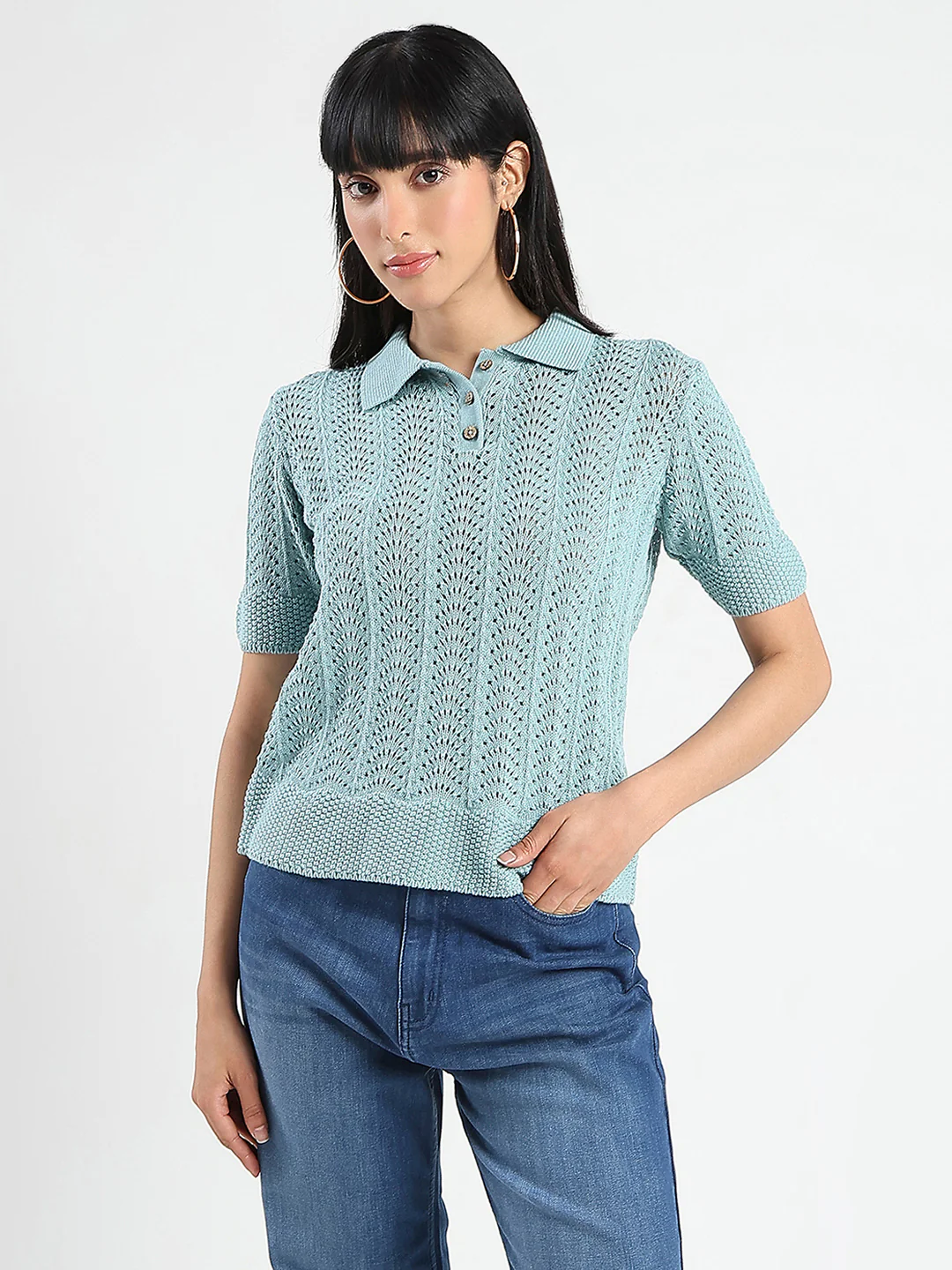 Madame Openwork Detail Textured Jade Green Cotton Knitted Top - Image 3