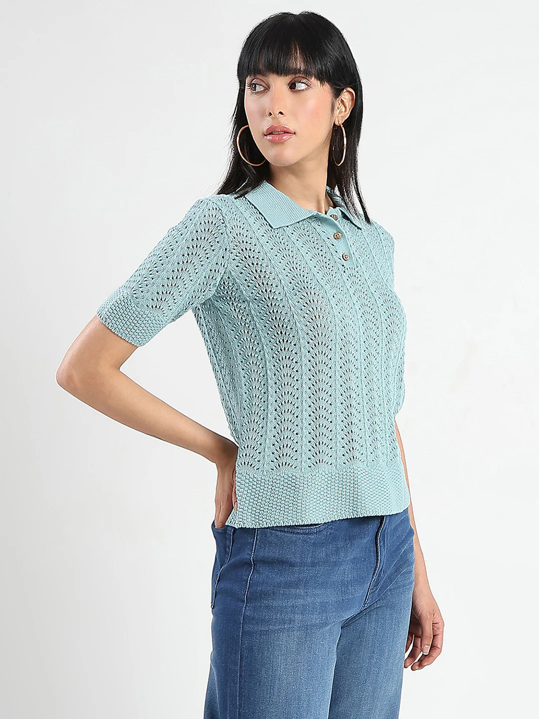 Madame Openwork Detail Textured Jade Green Cotton Knitted Top - Image 4