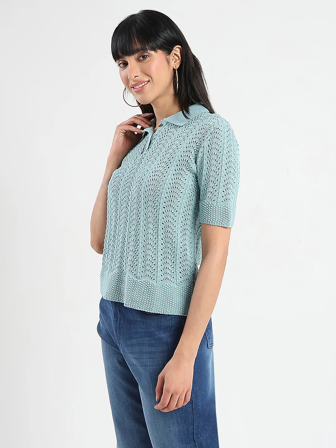 Madame Openwork Detail Textured Jade Green Cotton Knitted Top - Image 5