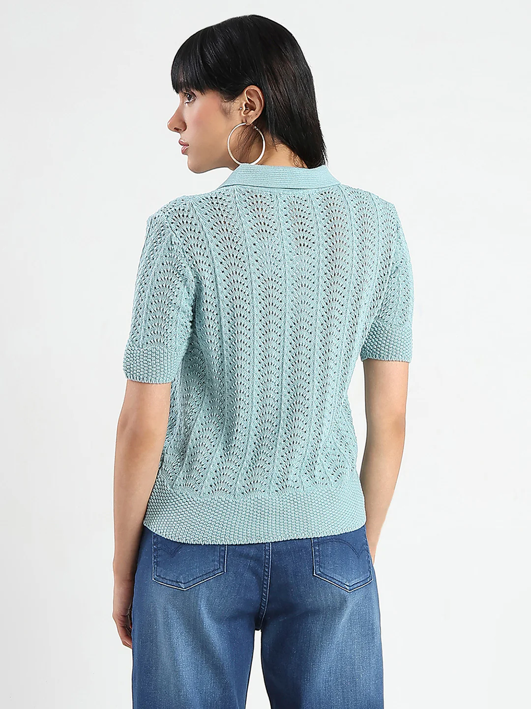 Madame Openwork Detail Textured Jade Green Cotton Knitted Top - Image 6
