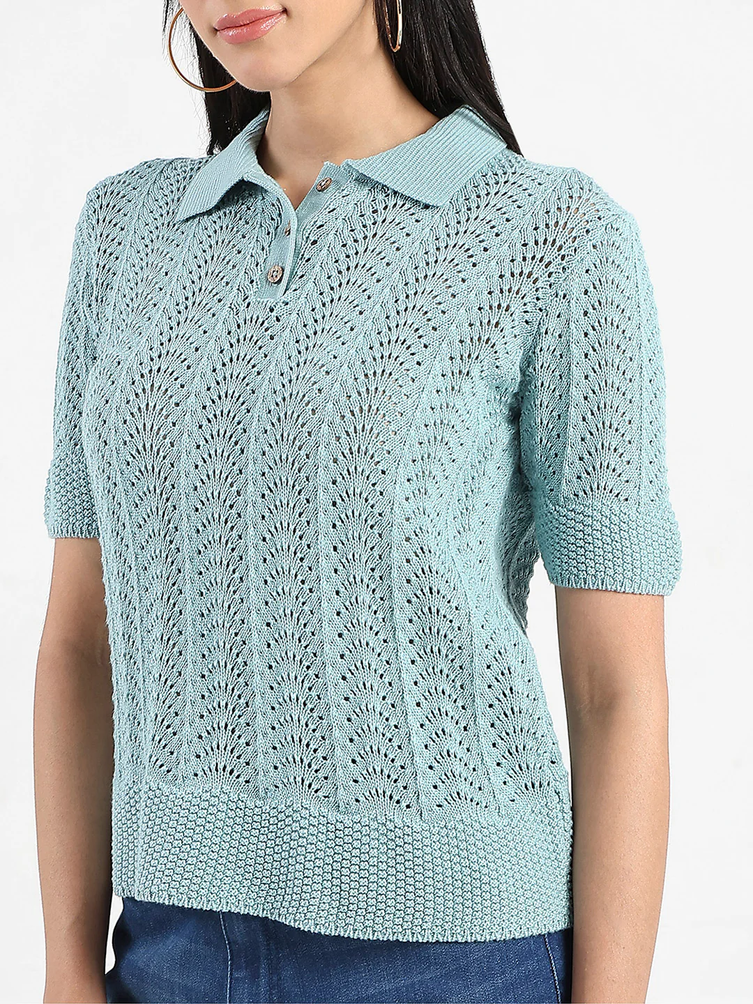 Madame Openwork Detail Textured Jade Green Cotton Knitted Top - Image 7