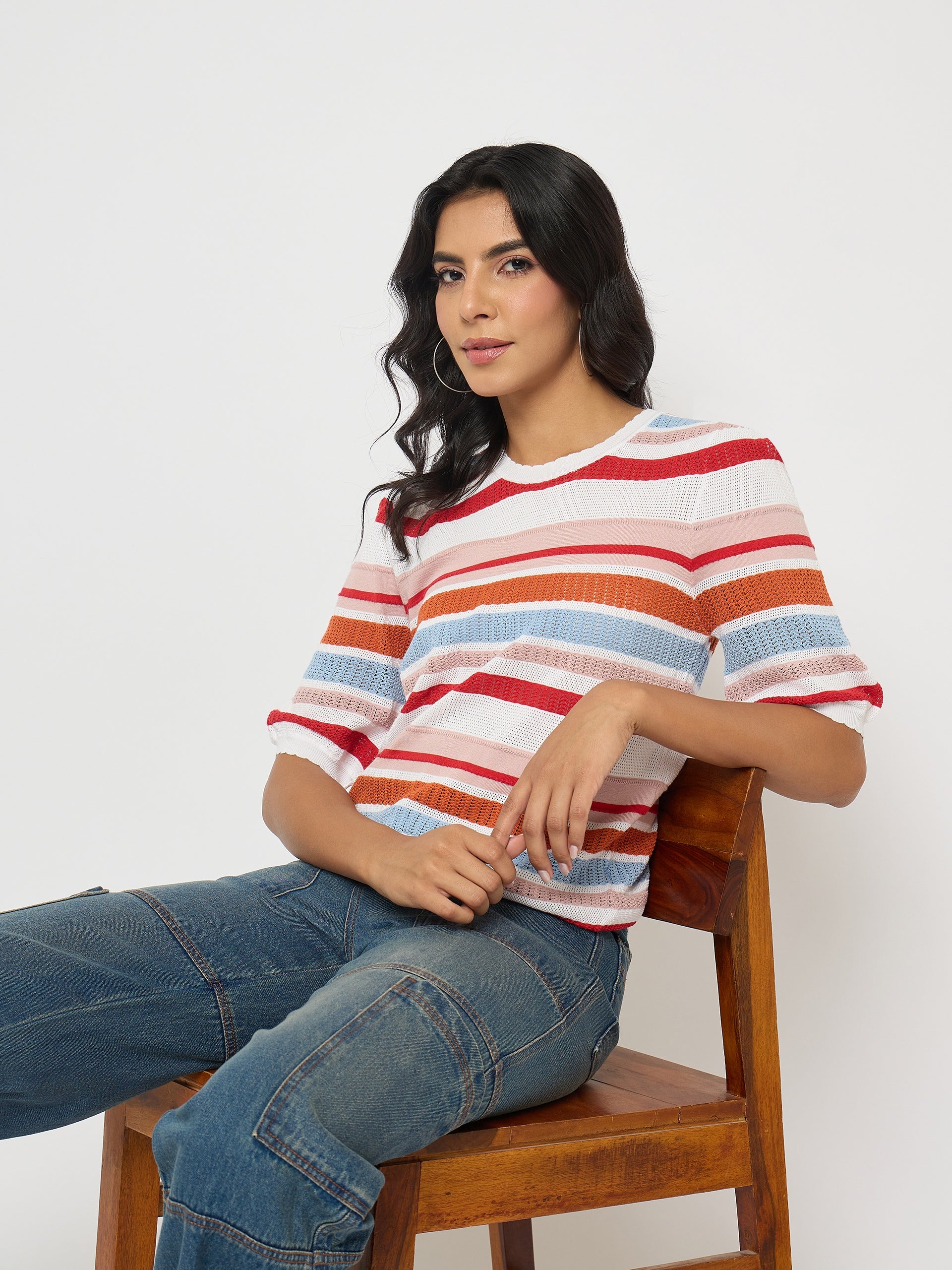Madame Striped Multi-Color Open Stitch Knitted Top