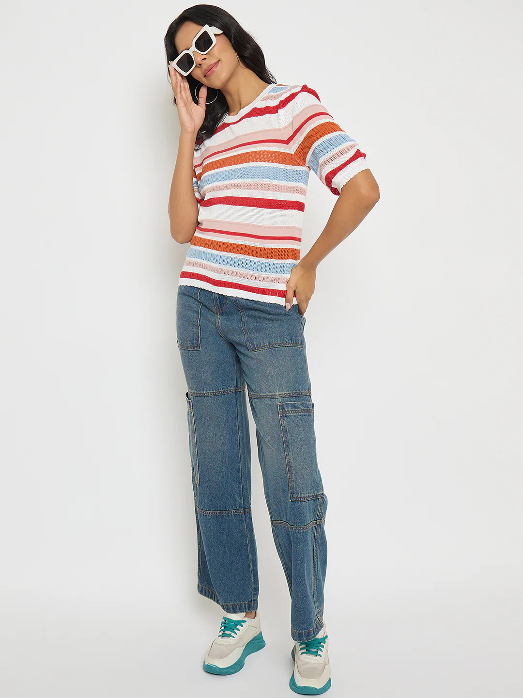 Madame Striped Multi-Color Open Stitch Knitted Top - Image 2