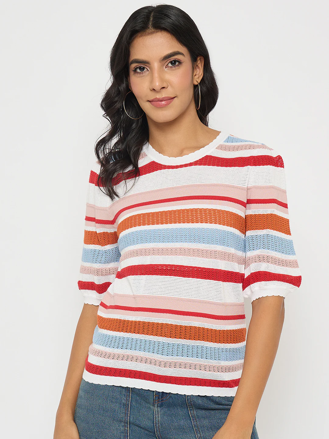Madame Striped Multi-Color Open Stitch Knitted Top - Image 3