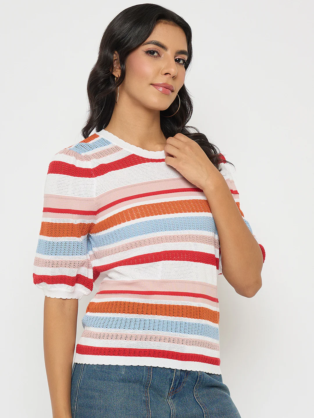 Madame Striped Multi-Color Open Stitch Knitted Top - Image 4