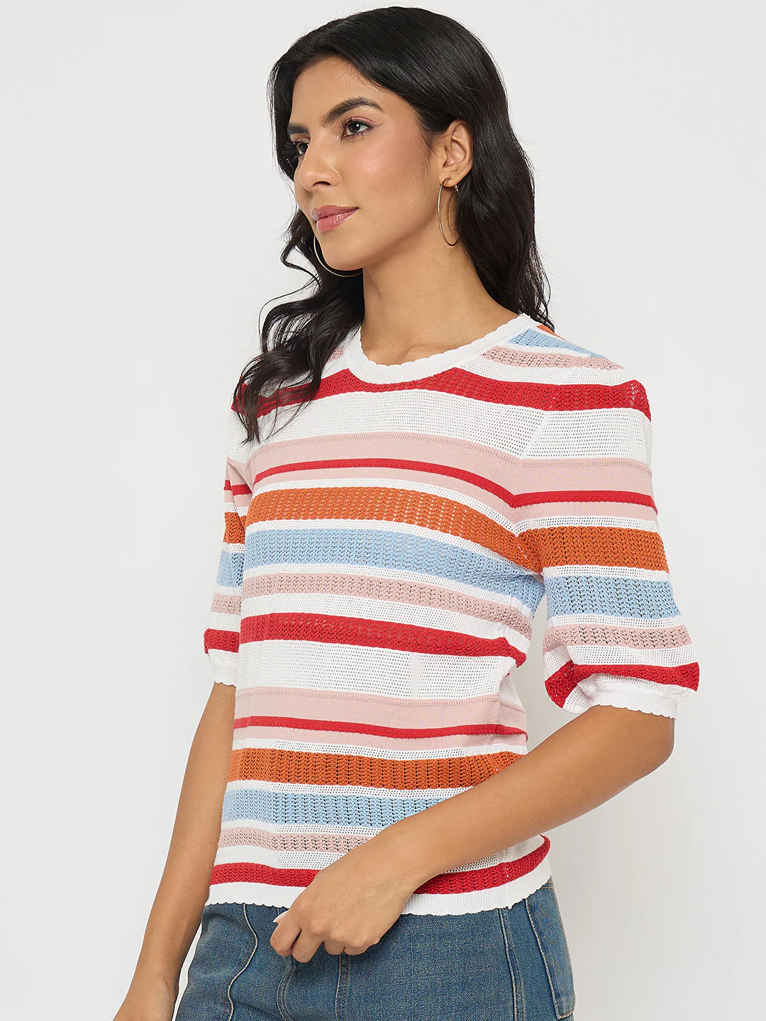 Madame Striped Multi-Color Open Stitch Knitted Top - Image 5
