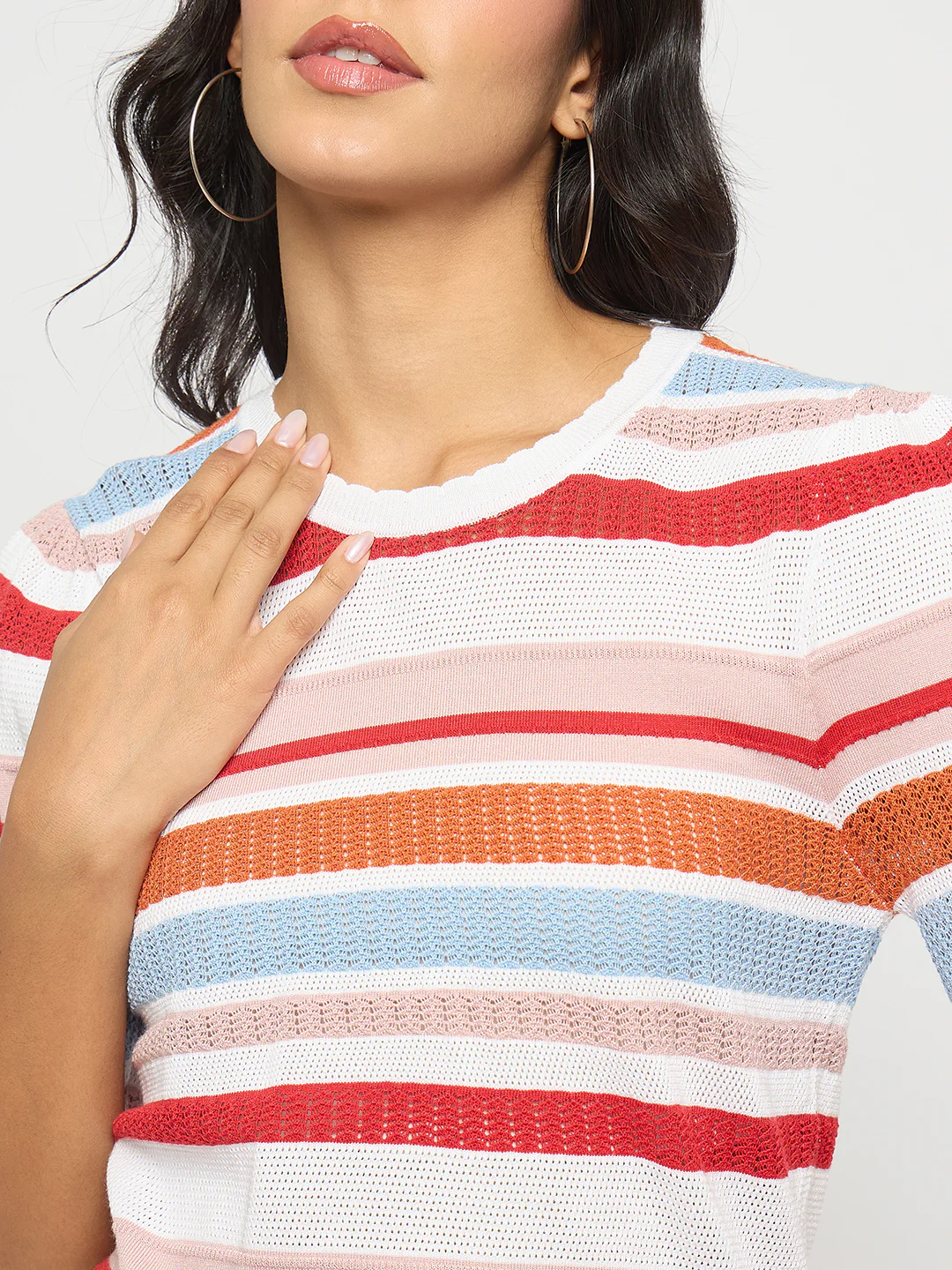 Madame Striped Multi-Color Open Stitch Knitted Top - Image 7