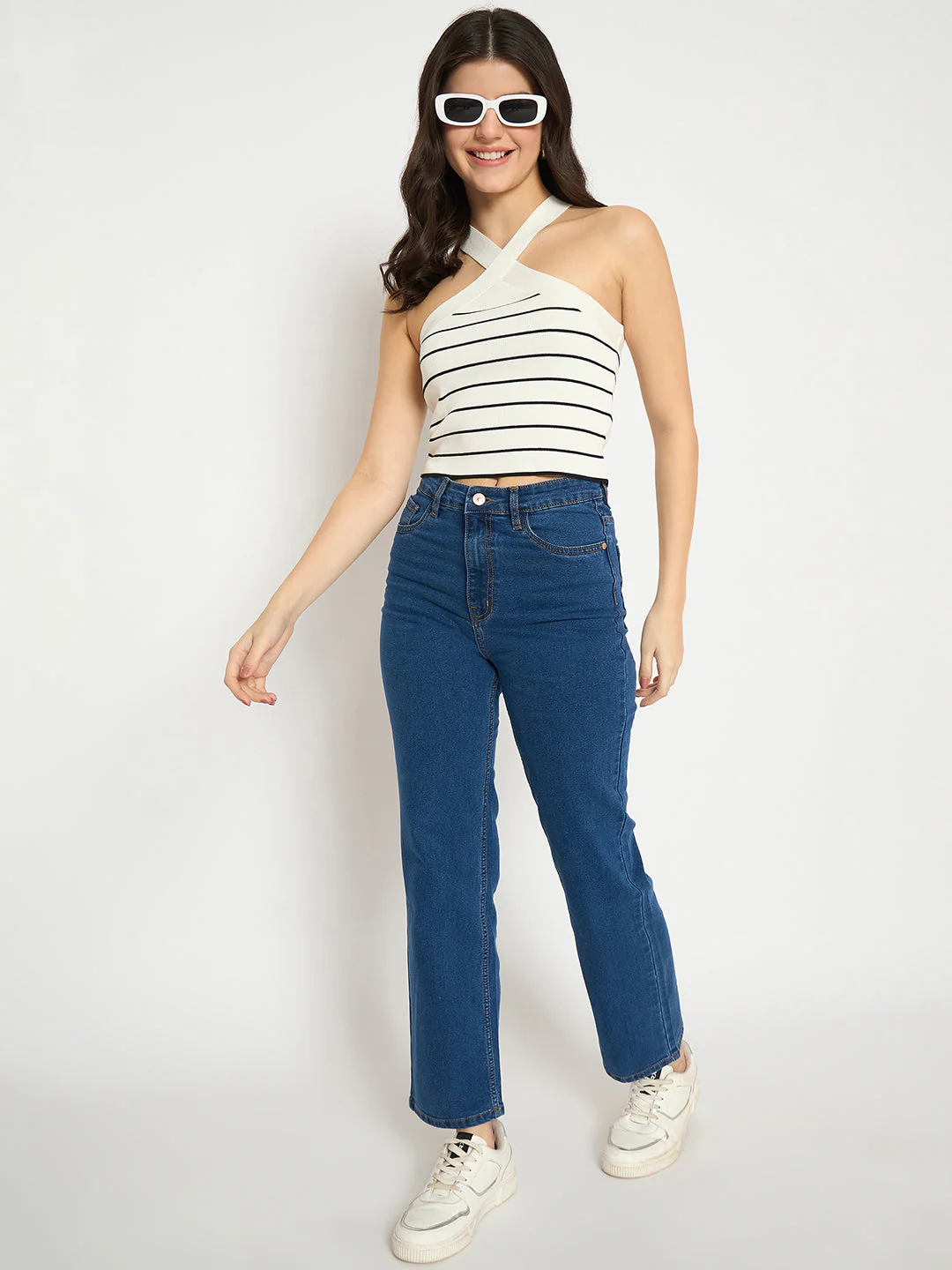 Madame Striped Halter Neck White Crop Top - Image 2