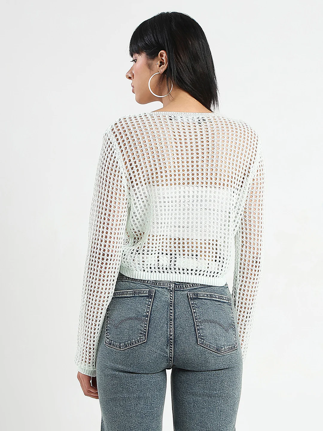 Madame Semi Sheer Drawstring Mint Green Knitted Crop Top - Image 4