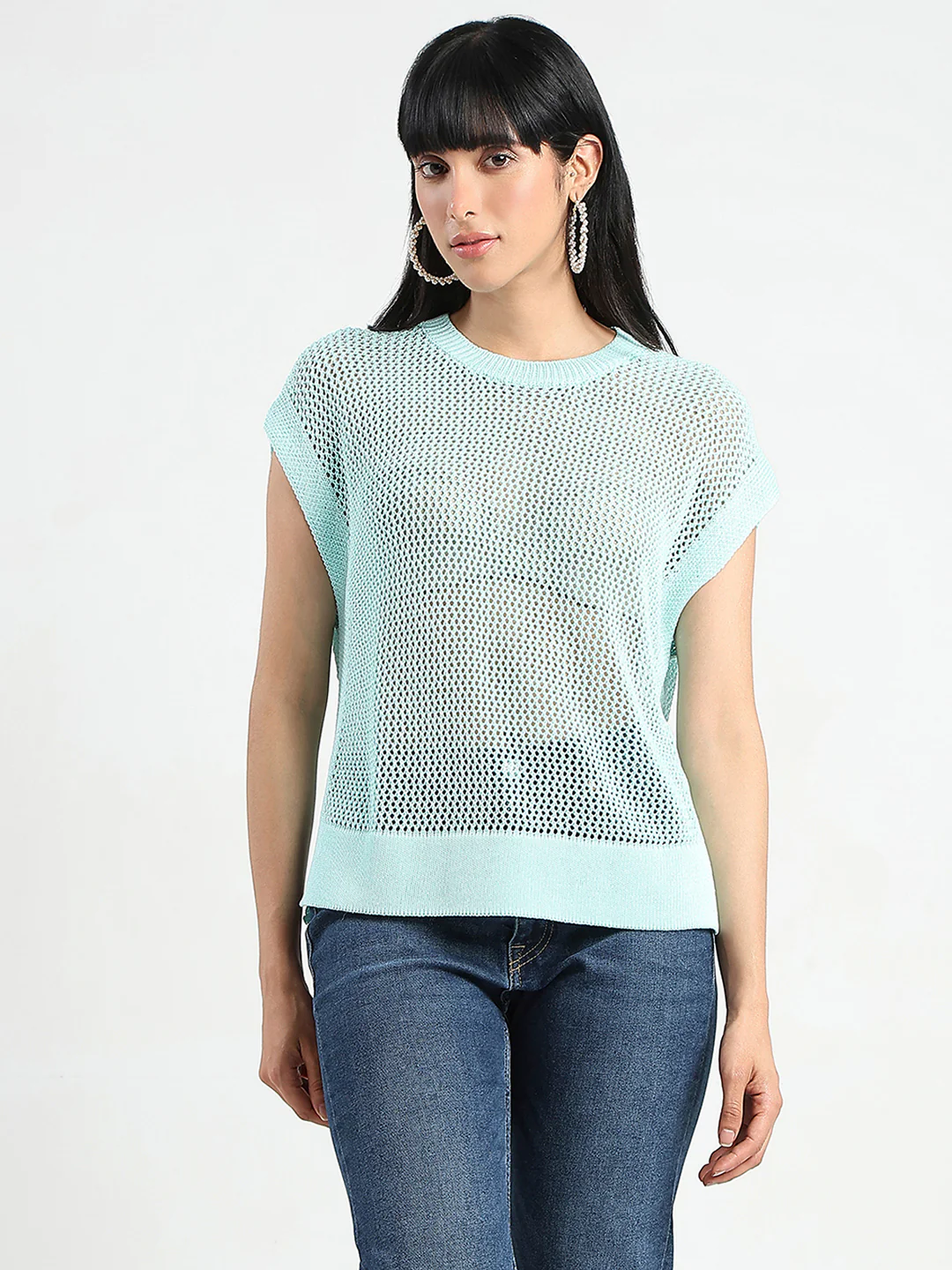 Madame Open Knit Side Slits Mint Green Top - Image 3