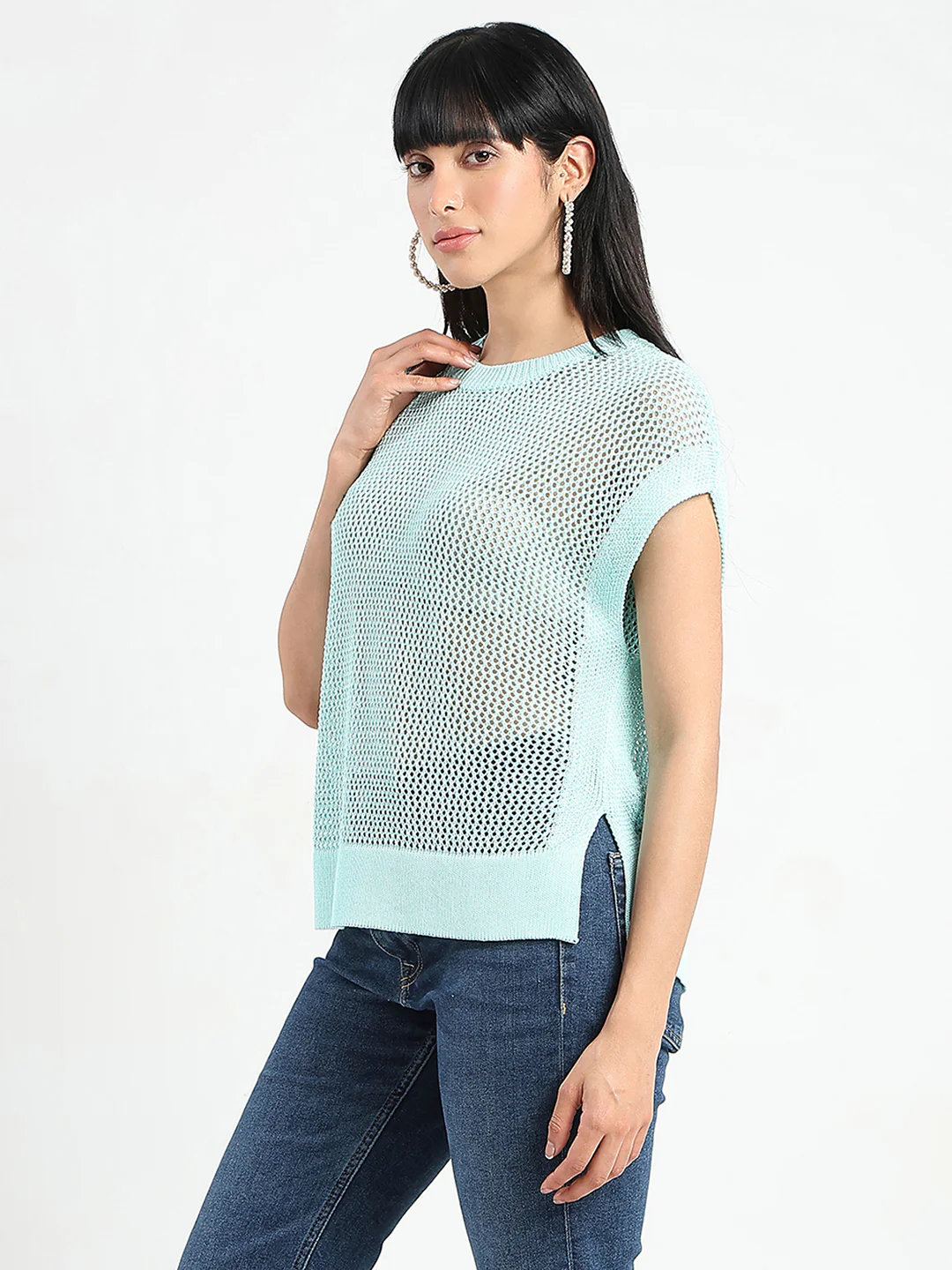Madame Open Knit Side Slits Mint Green Top - Image 5