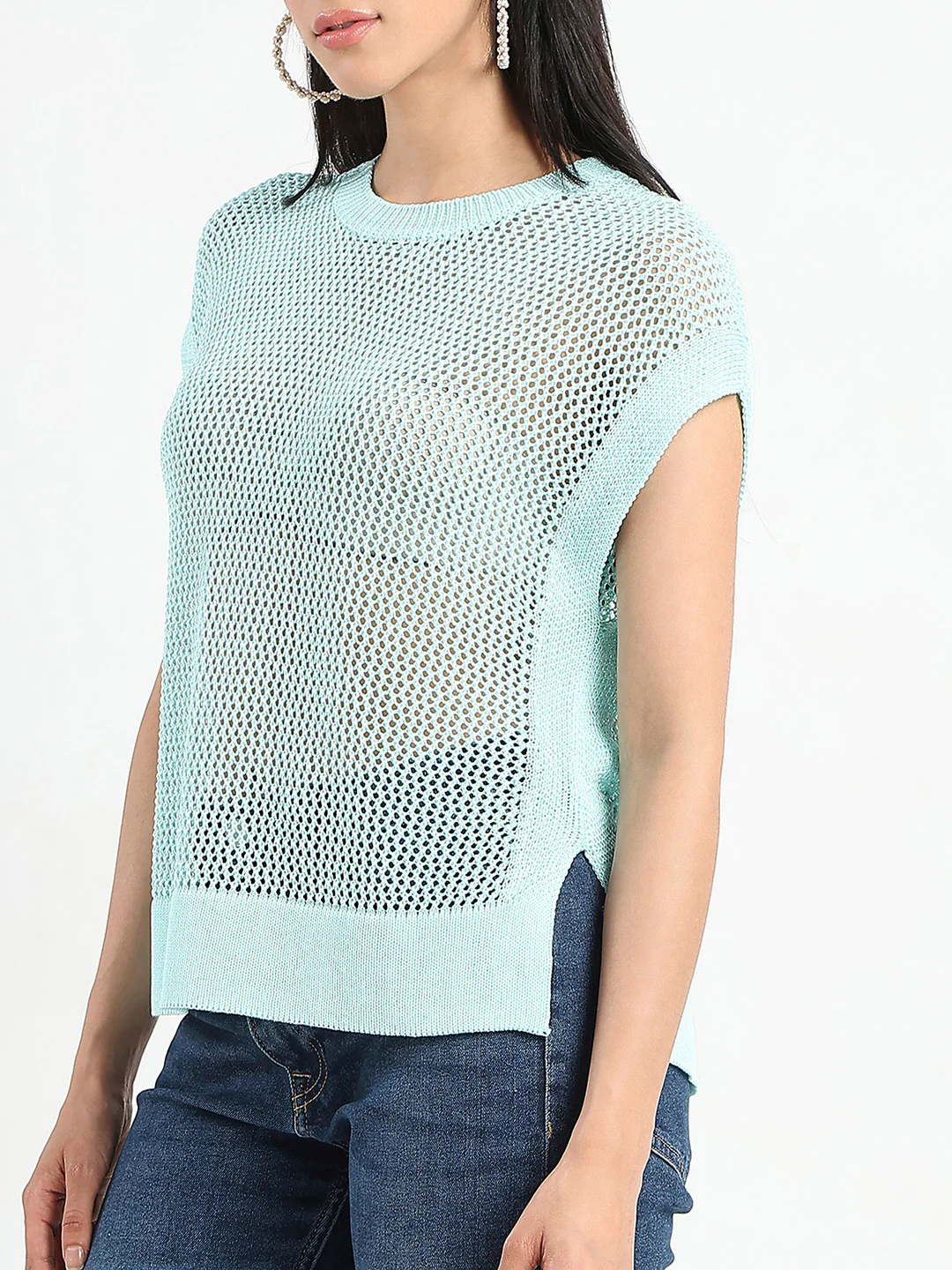 Madame Open Knit Side Slits Mint Green Top - Image 7
