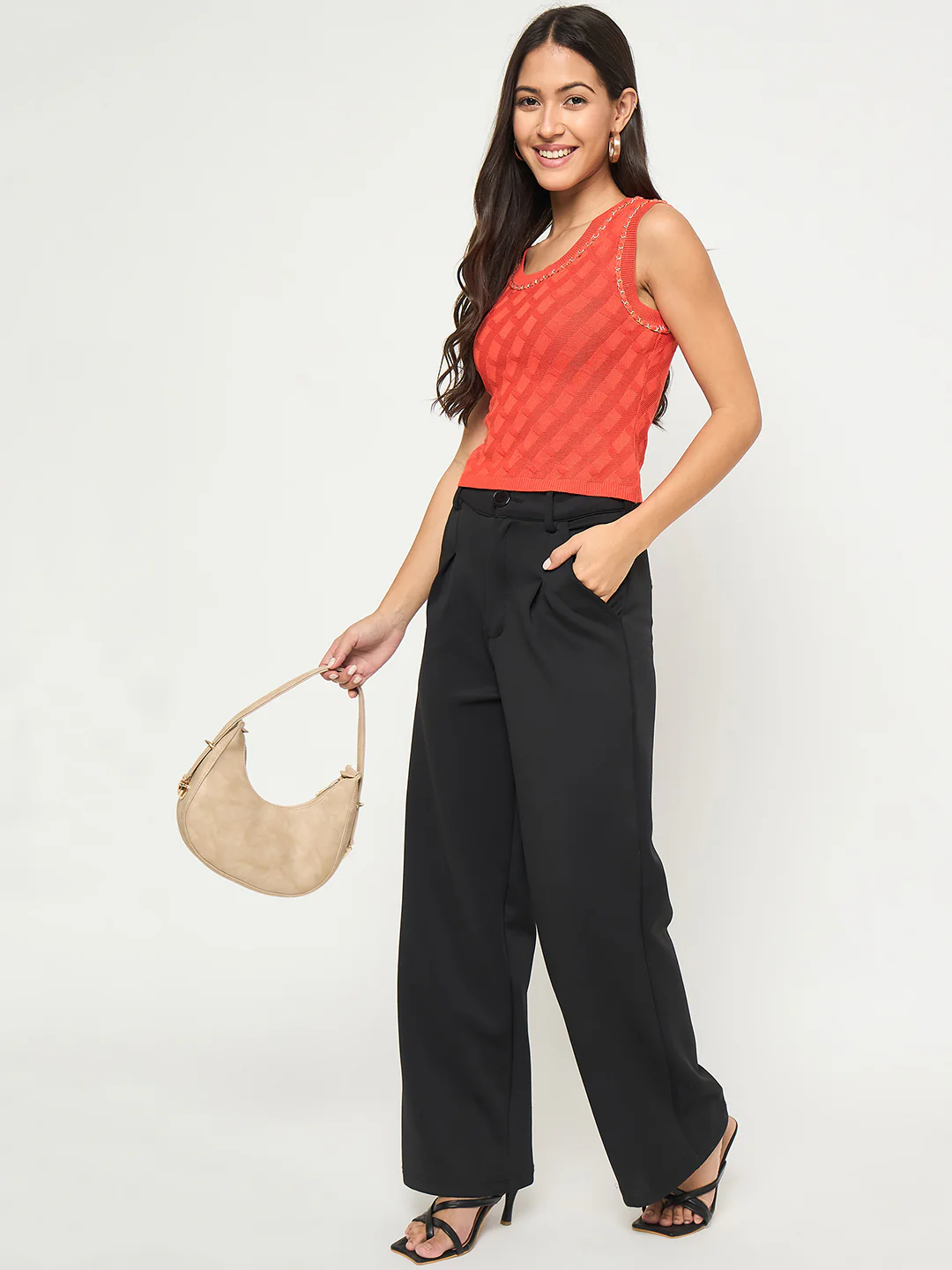 Madame Chain Accented Sleeveless Red Knitted Top - Image 2