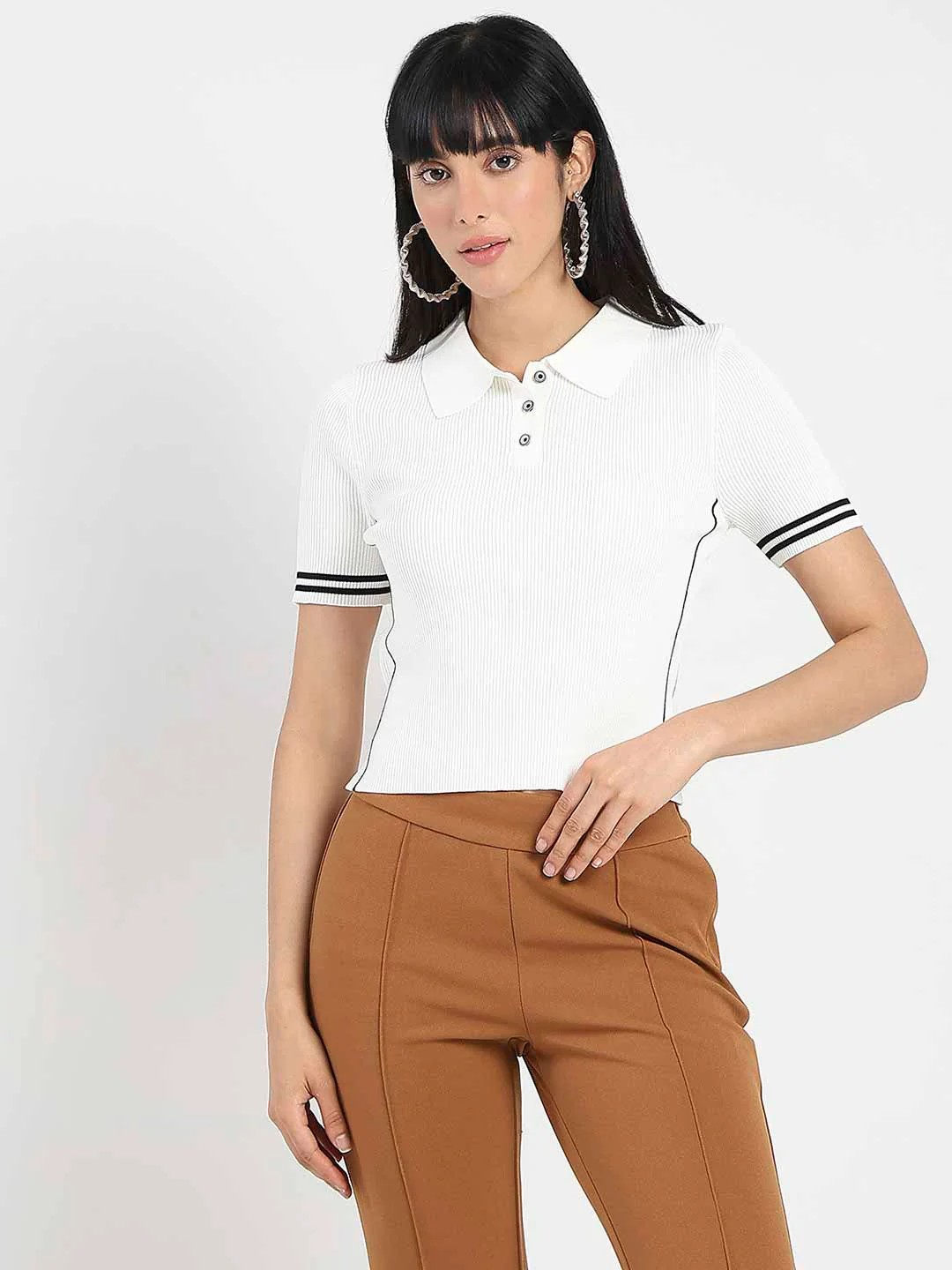 Madame Contrast Trim Polo Neck White Knitted T-shirt