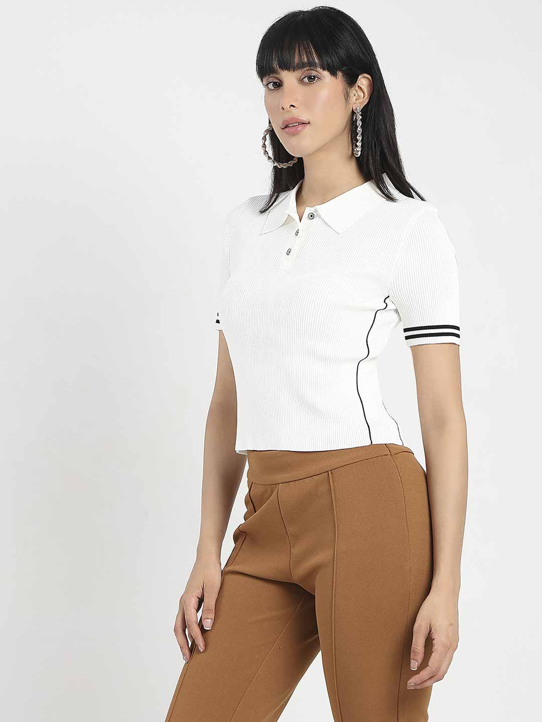 Madame Contrast Trim Polo Neck White Knitted T-shirt - Image 2