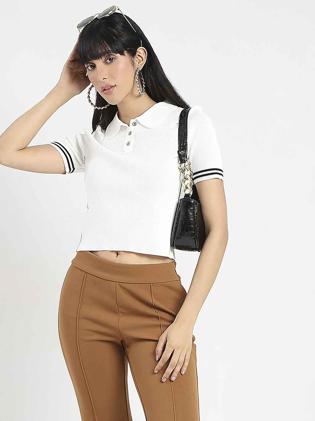 Madame Contrast Trim Polo Neck White Knitted T-shirt - Image 6