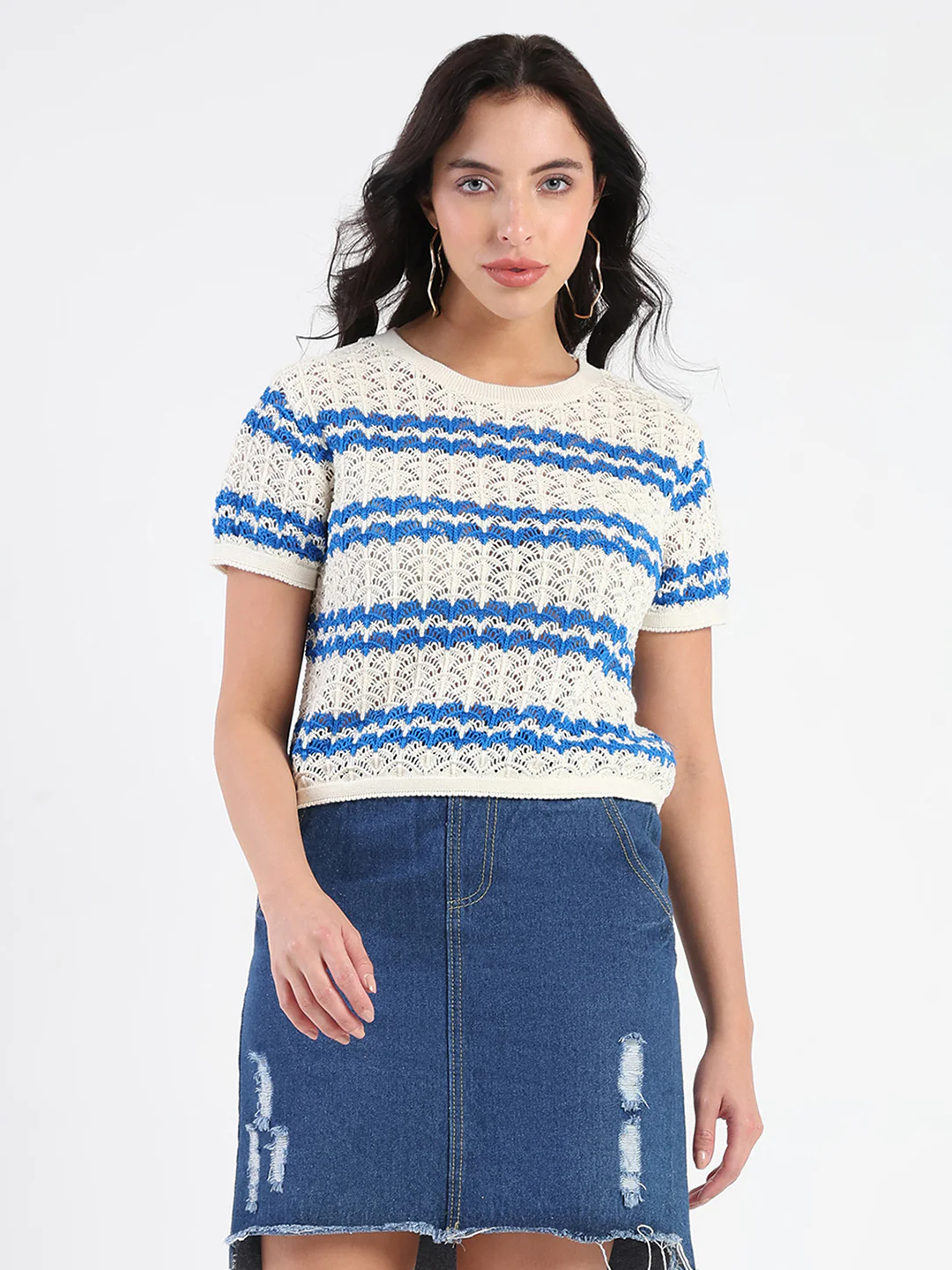 Madame Striped Crocheted Beige Cotton Crop Top - Image 3