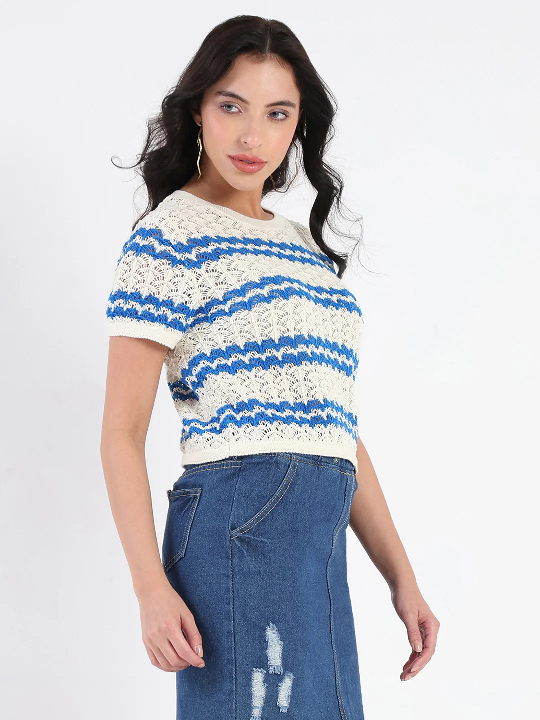Madame Striped Crocheted Beige Cotton Crop Top - Image 4