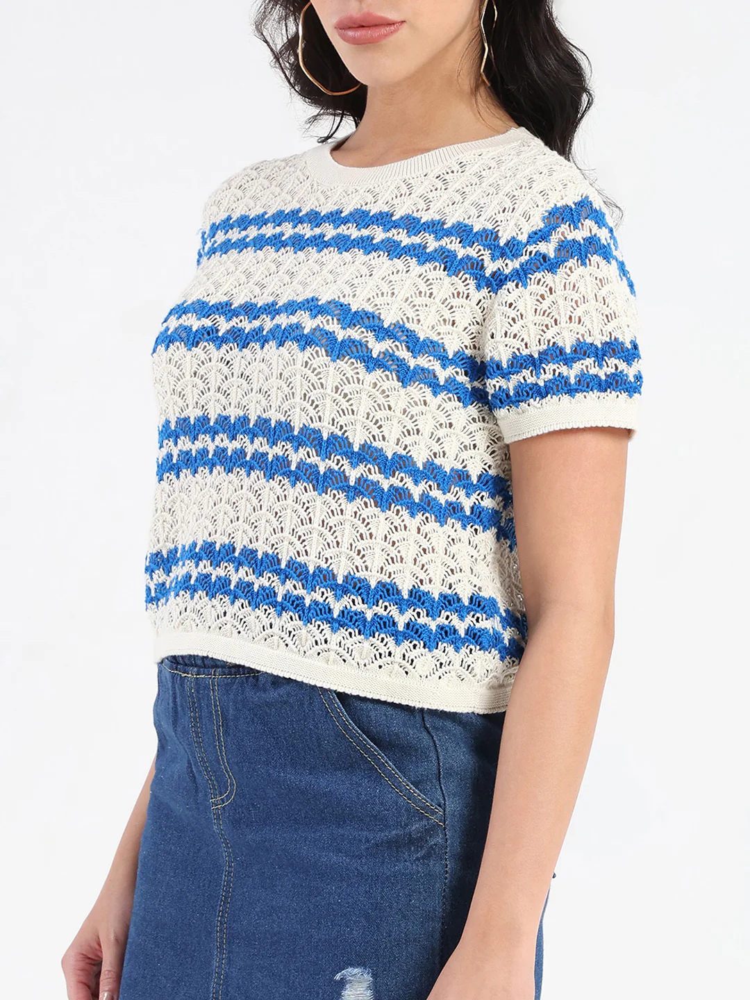 Madame Striped Crocheted Beige Cotton Crop Top - Image 7