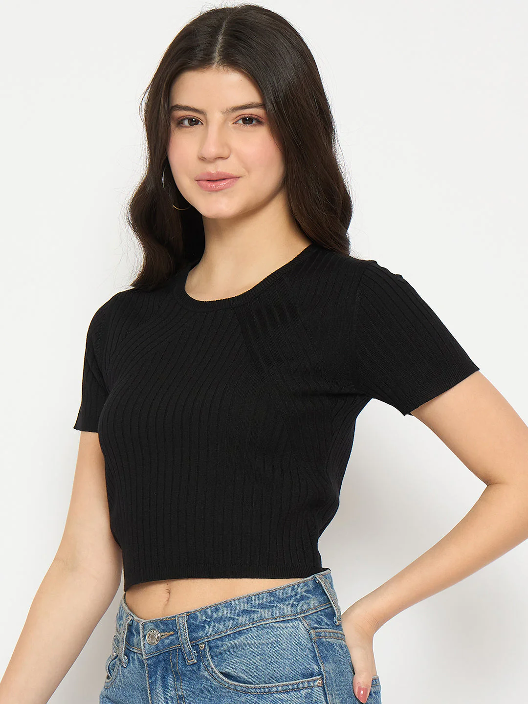 Madame Ribbed Sold Black Knitted Crop Top - Image 5