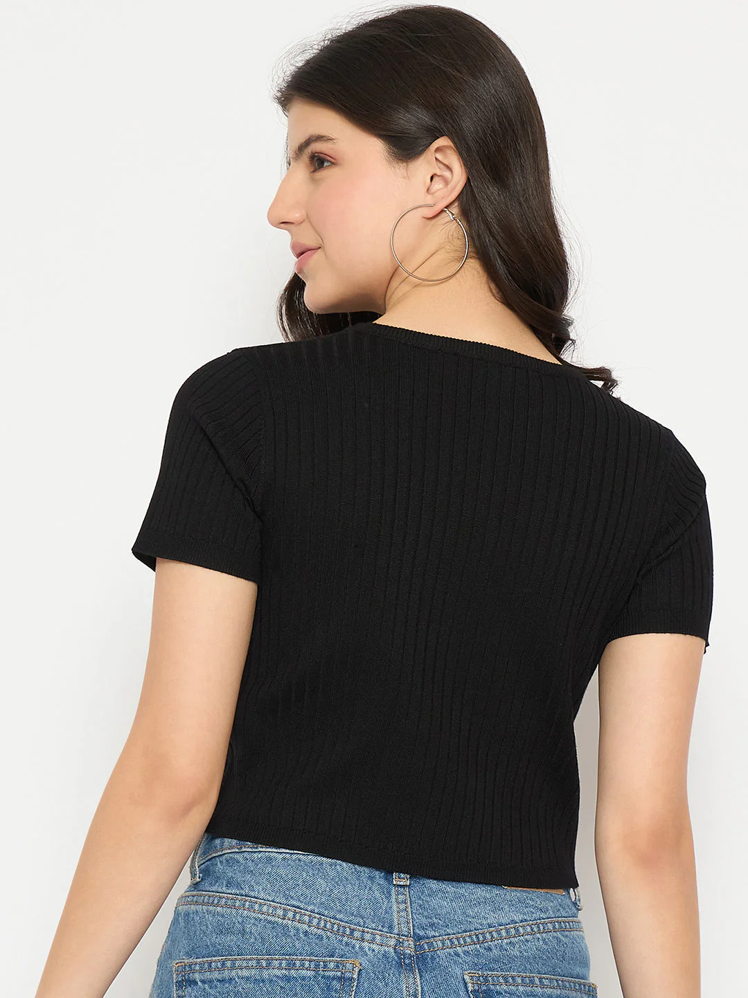 Madame Ribbed Sold Black Knitted Crop Top - Image 6