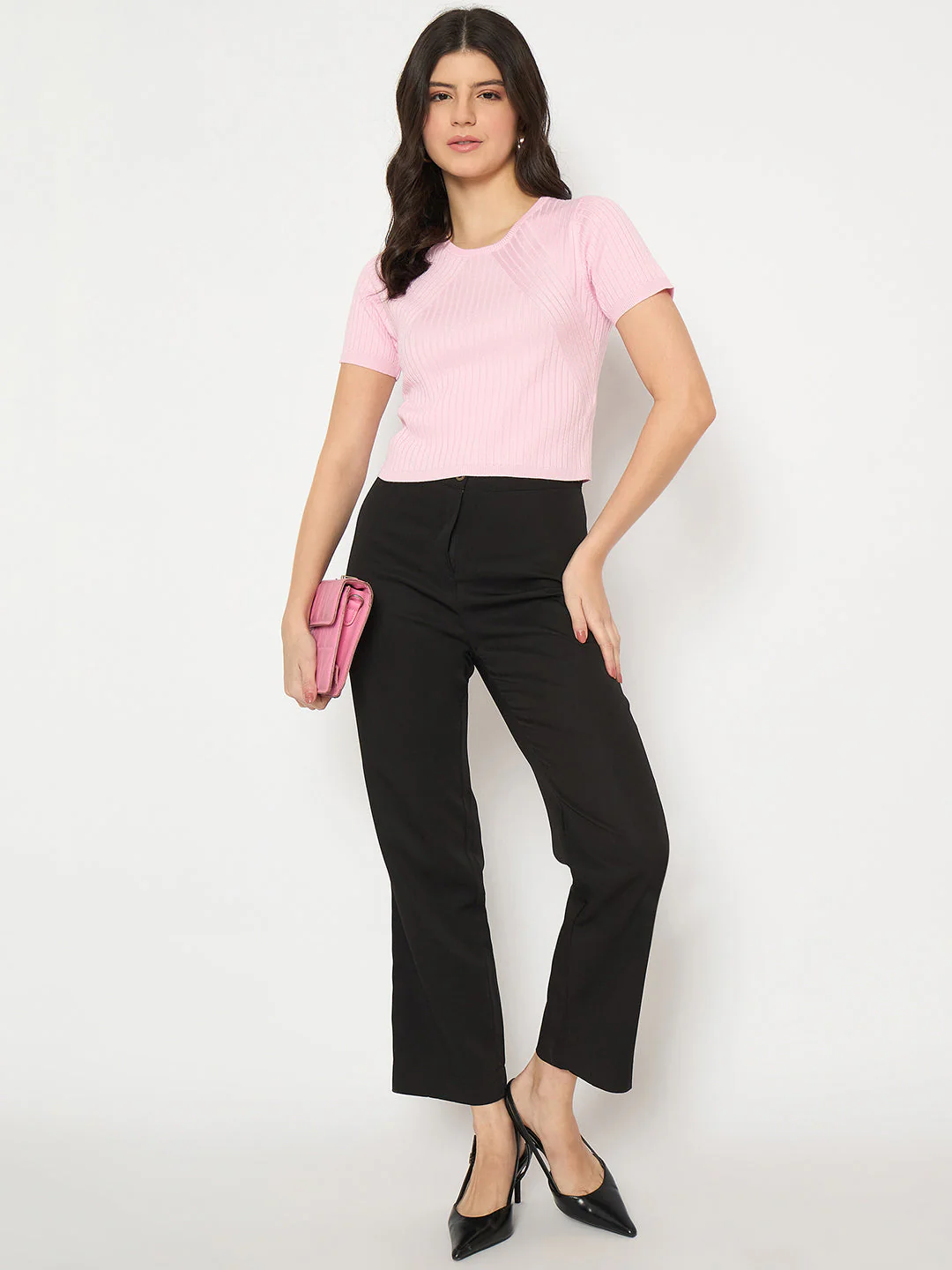 Madame Ribbed Sold Pink Knitted Crop Top - Image 2