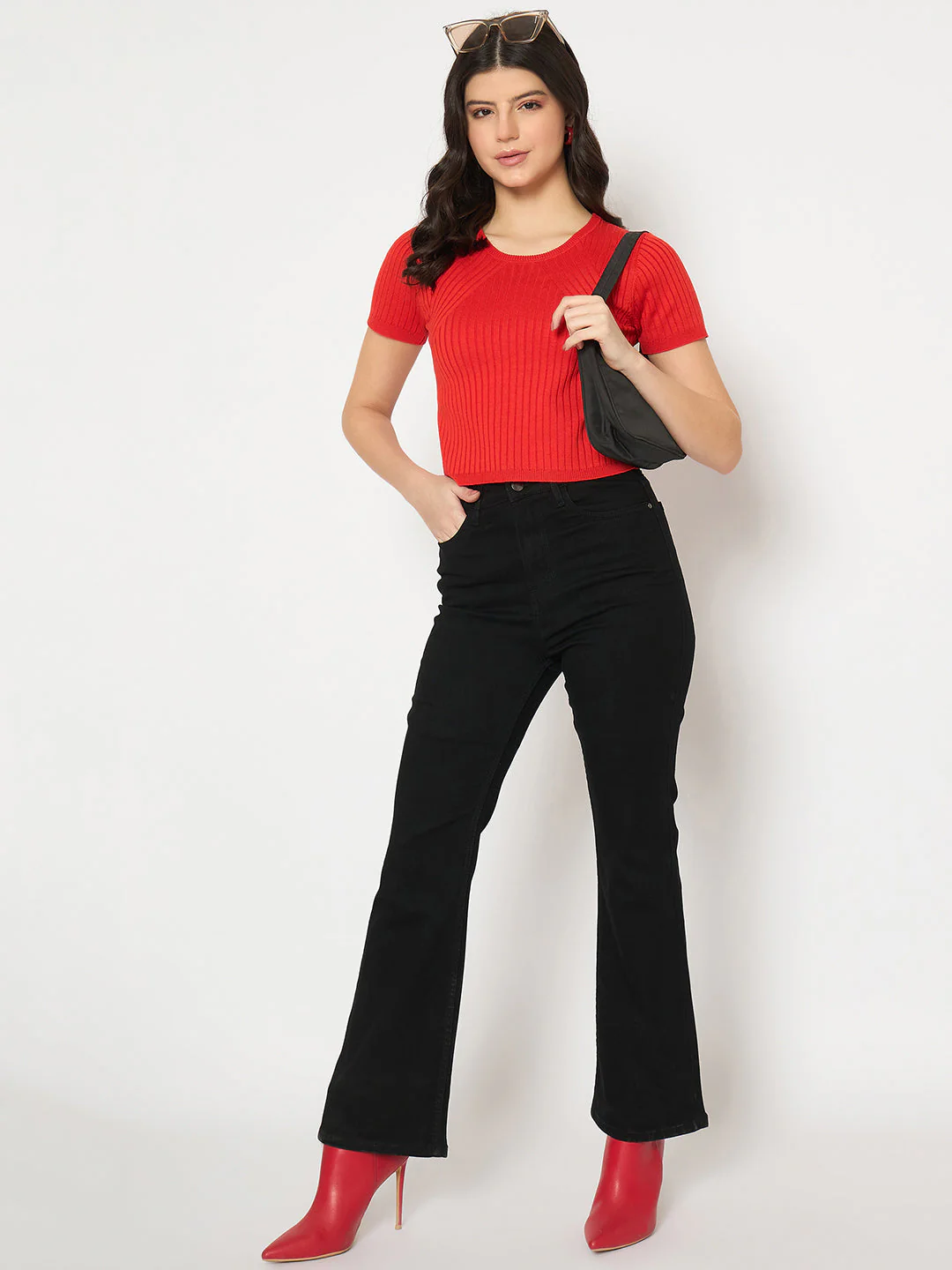 Madame Ribbed Sold Red Knitted Crop Top - Image 2