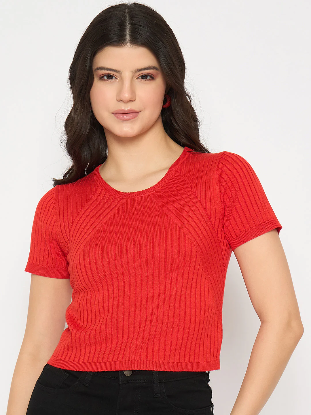 Madame Ribbed Sold Red Knitted Crop Top - Image 3