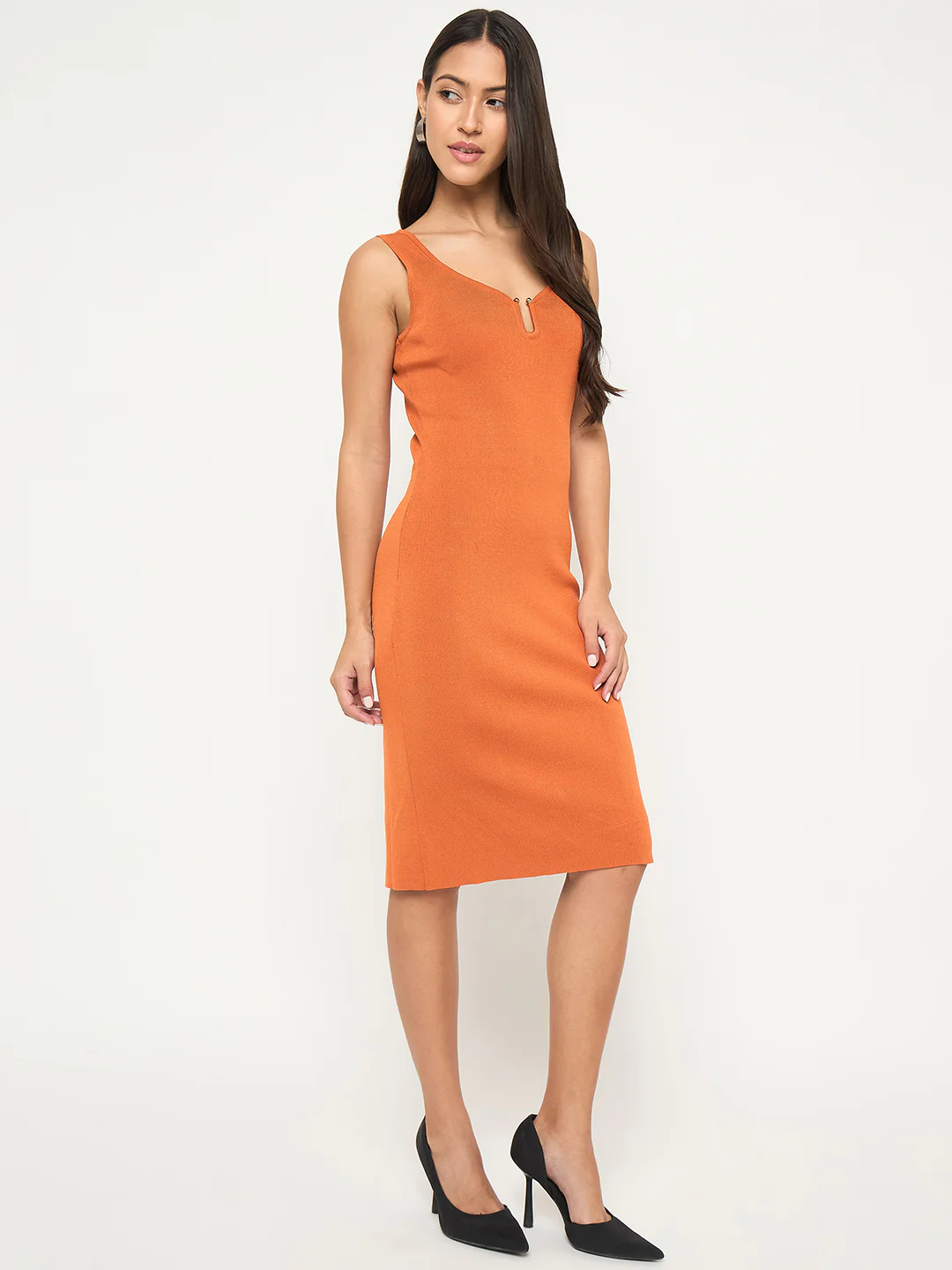 Madame Keyhole Detail Orange Midi Bodycon Dress - Image 3