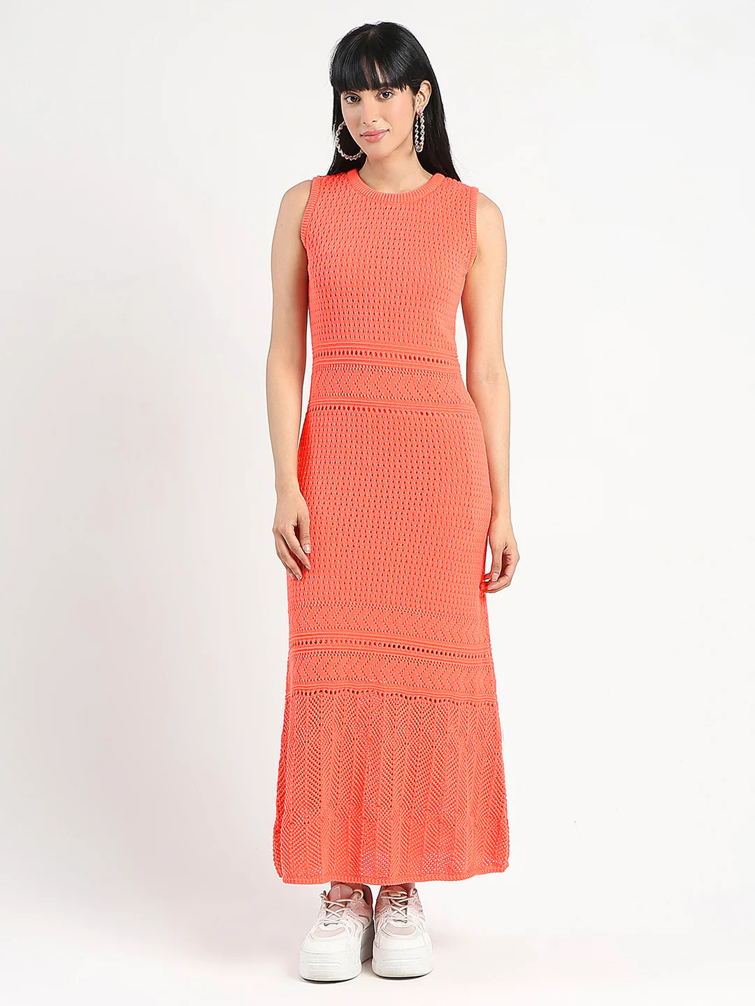 Madame Textured Panels Geometric Hem Coral Red Maxi Dress - Image 3