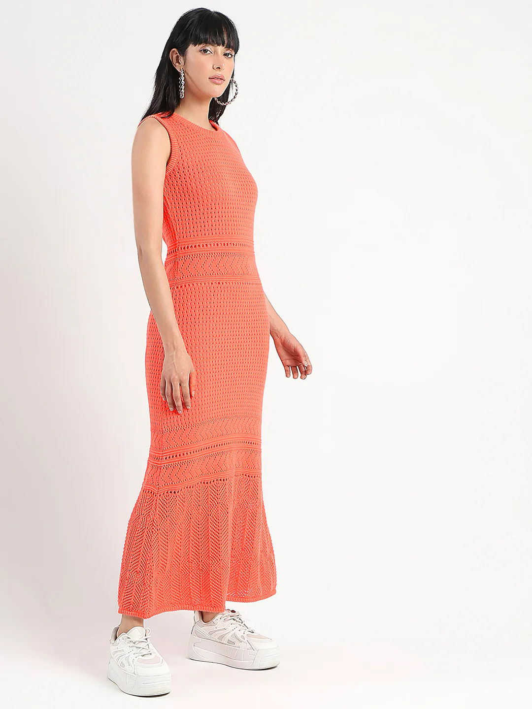 Madame Textured Panels Geometric Hem Coral Red Maxi Dress - Image 4