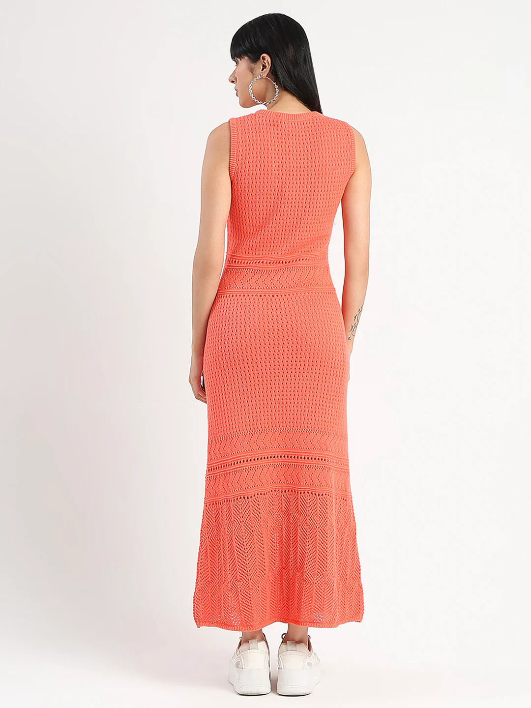 Madame Textured Panels Geometric Hem Coral Red Maxi Dress - Image 6