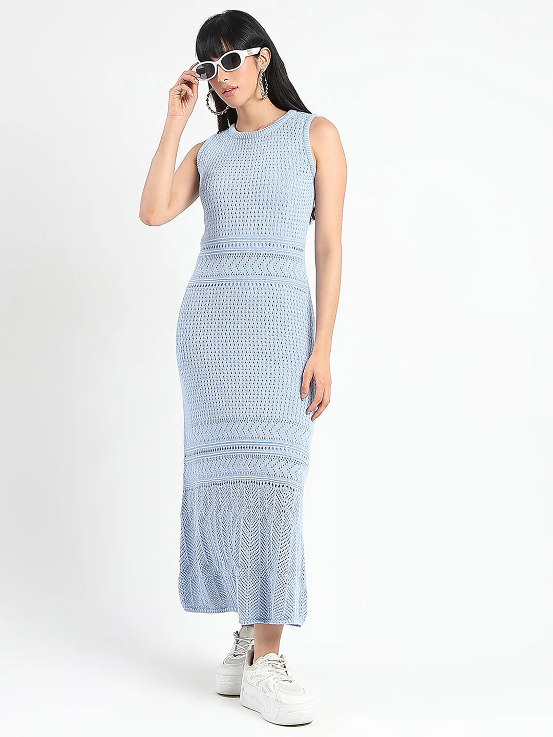 Madame Textured Panels Geometric Hem Sky Blue Maxi Dress