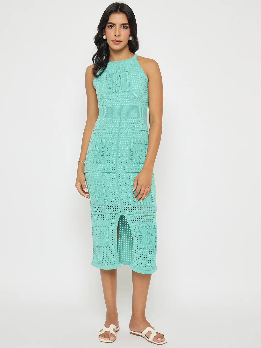 Madame Geometric Pattern Halter Neck Aqua Blue Midi Dress - Image 3
