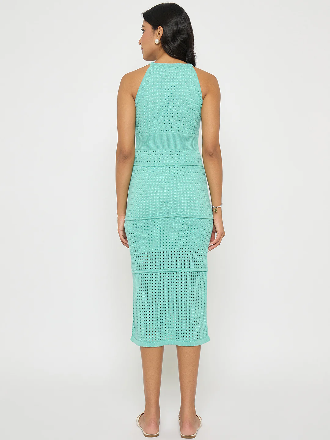 Madame Geometric Pattern Halter Neck Aqua Blue Midi Dress - Image 6