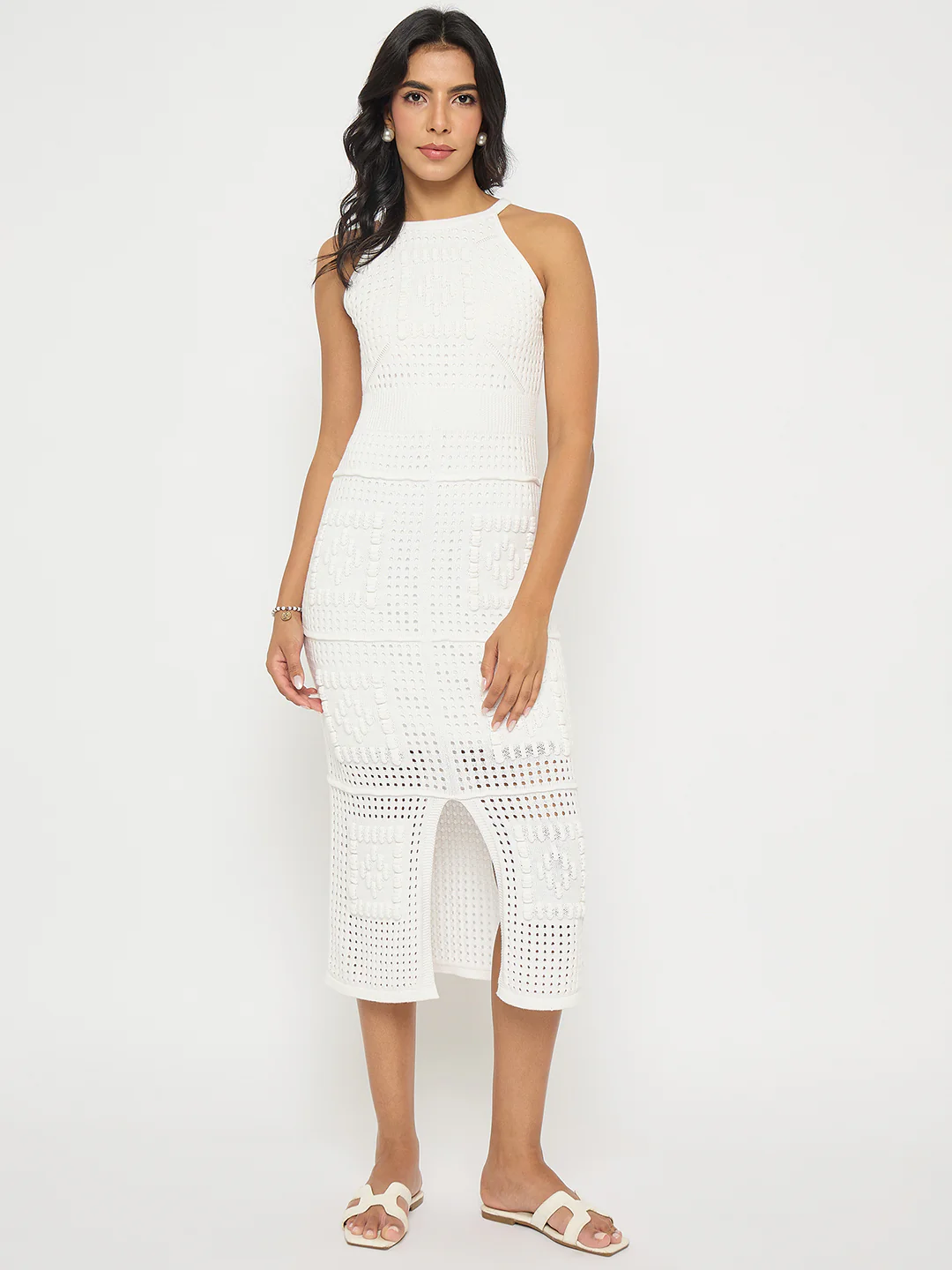 Madame Geometric Pattern Halter Neck White Midi Dress - Image 3