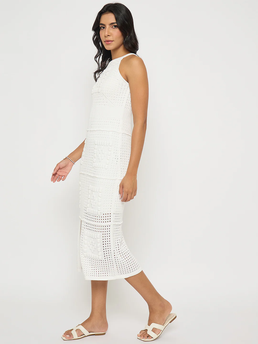 Madame Geometric Pattern Halter Neck White Midi Dress - Image 5