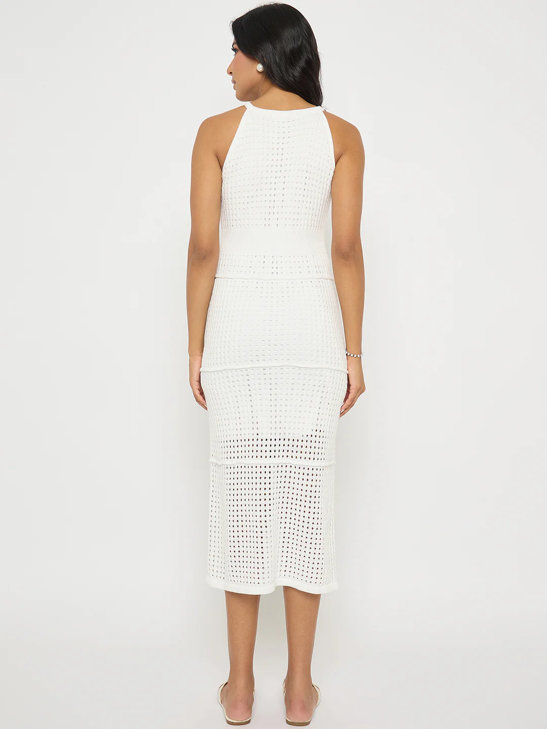 Madame Geometric Pattern Halter Neck White Midi Dress - Image 6