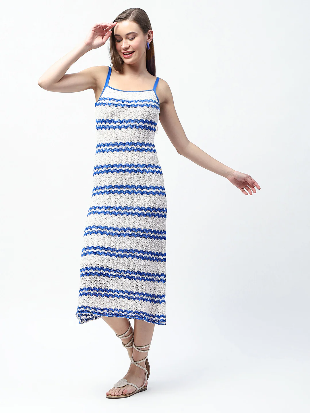 Madame Striped Blue Cotton Midi Knitted Dress - Image 4