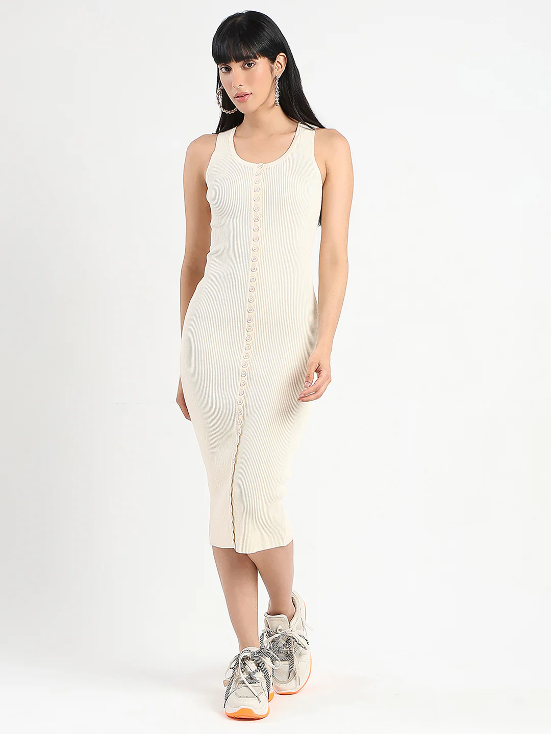 Madame Button Detail Beige Bodycon Dress