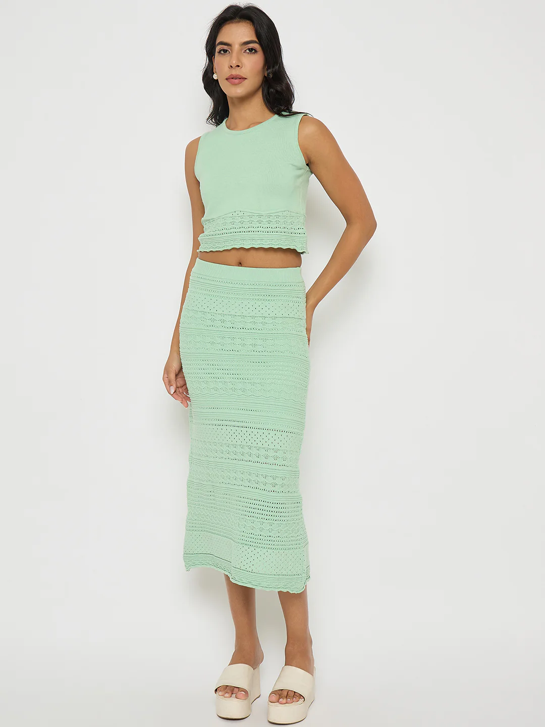 Madame Schiffli Top and Skirt Green Cotton Knit Co-ord Set - Image 3