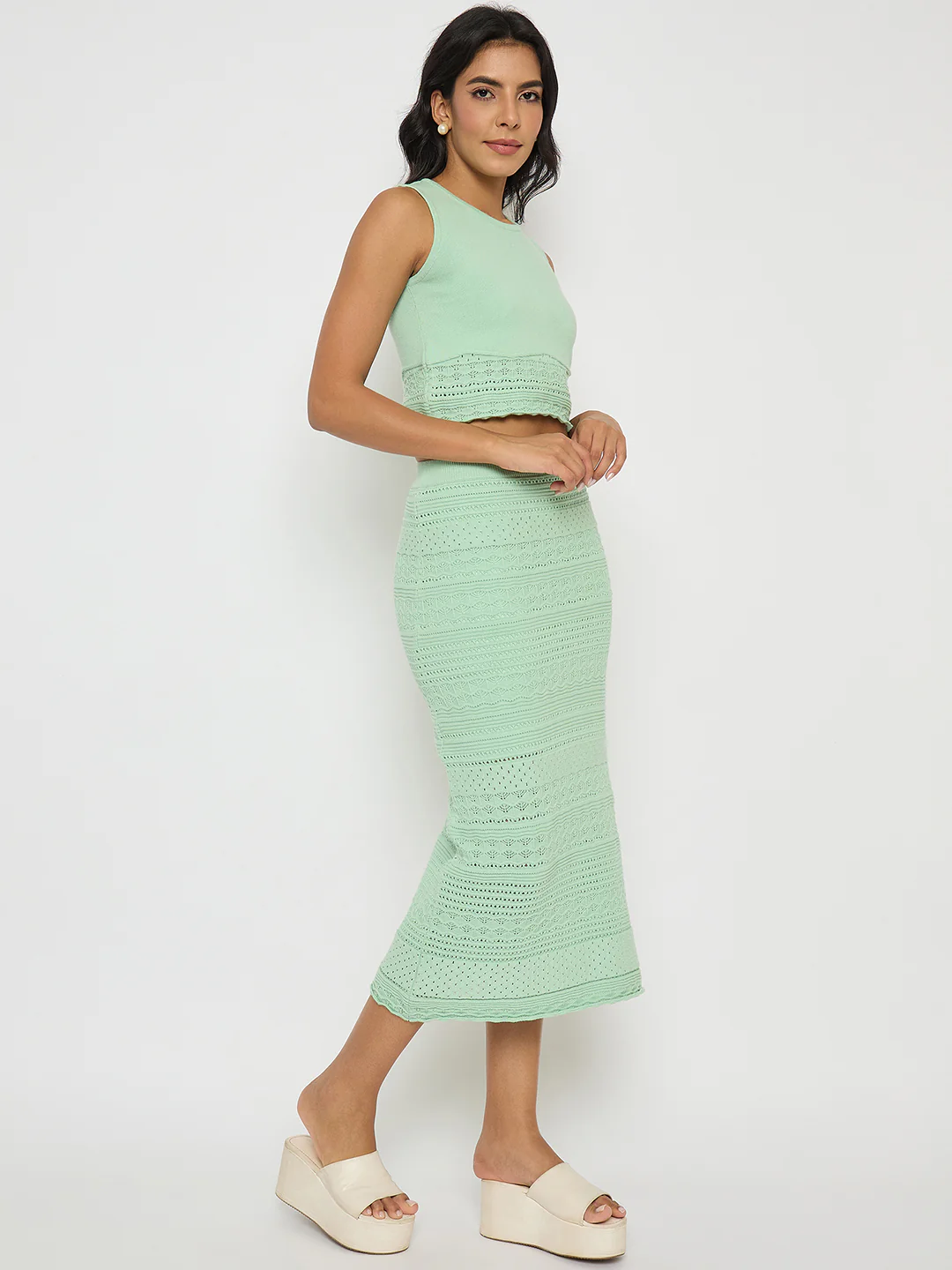 Madame Schiffli Top and Skirt Green Cotton Knit Co-ord Set - Image 4