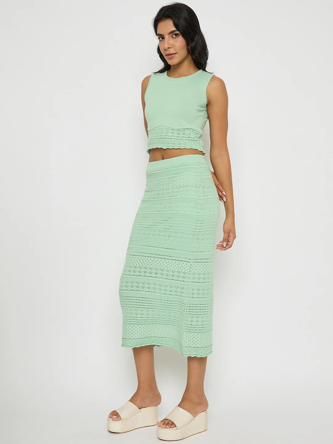 Madame Schiffli Top and Skirt Green Cotton Knit Co-ord Set - Image 5